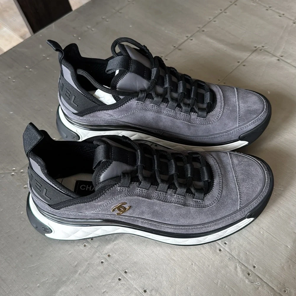 Chanel 23k gray grey suede sneakers trainers flats logo black flats sz 39